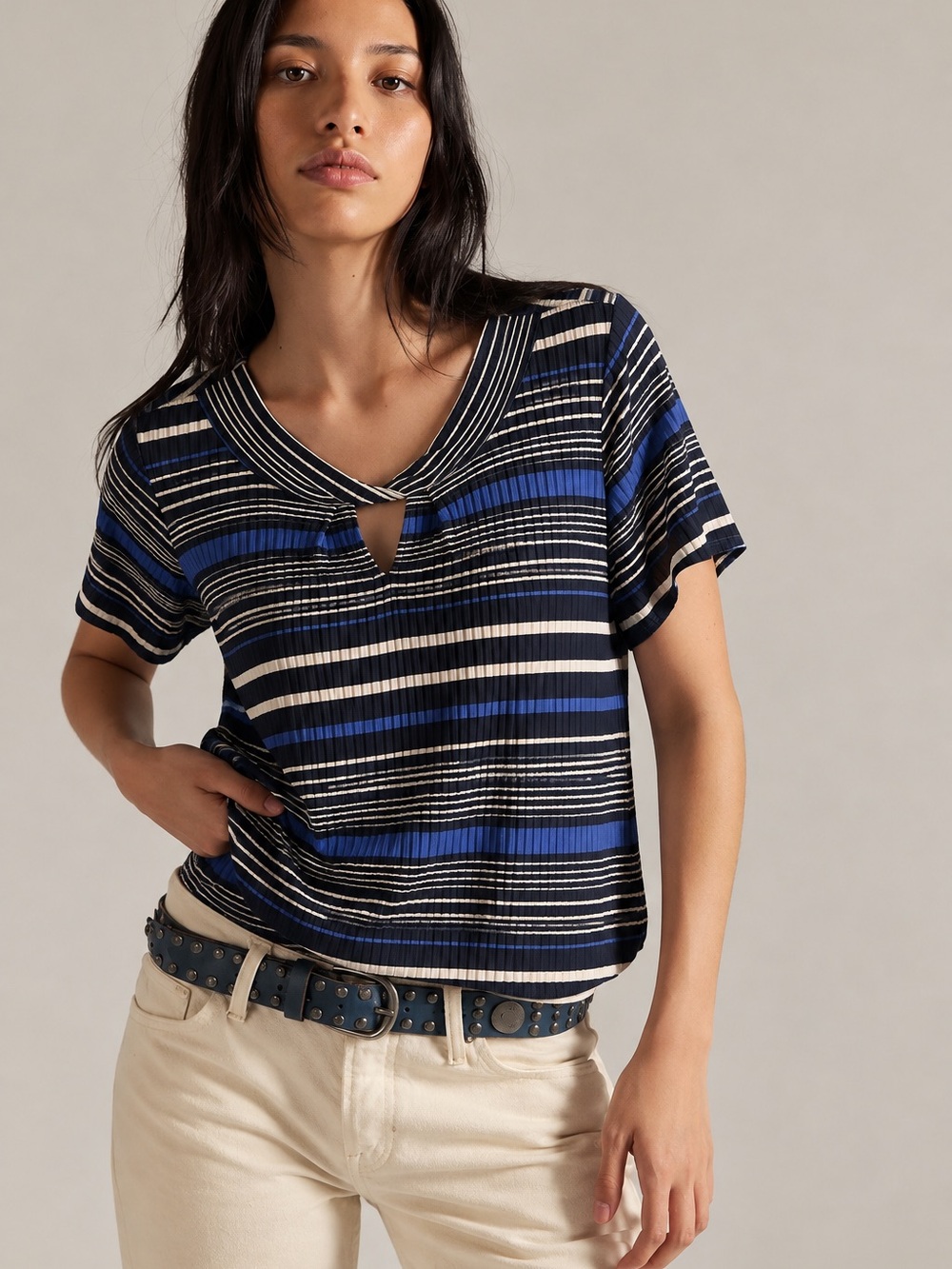 312. LAura Striped V-Neck Top in Blue, Black, and white